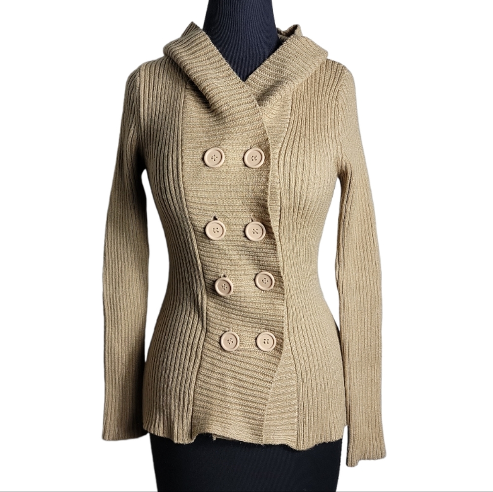Takeout double breasted button hooded ribbed tan cardigan sweater size medium